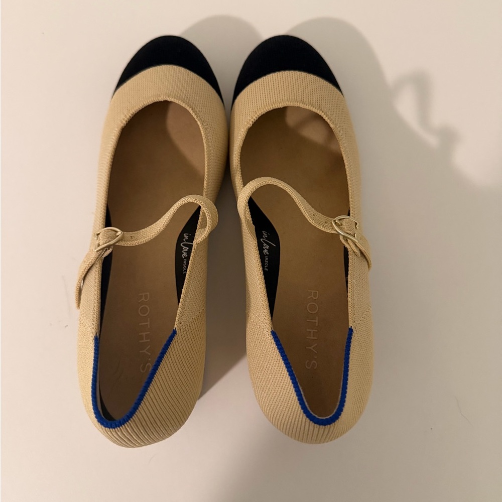 Rothy's Beige and Black Mary Jane Block Heel Pumps - Picture 2 of 4